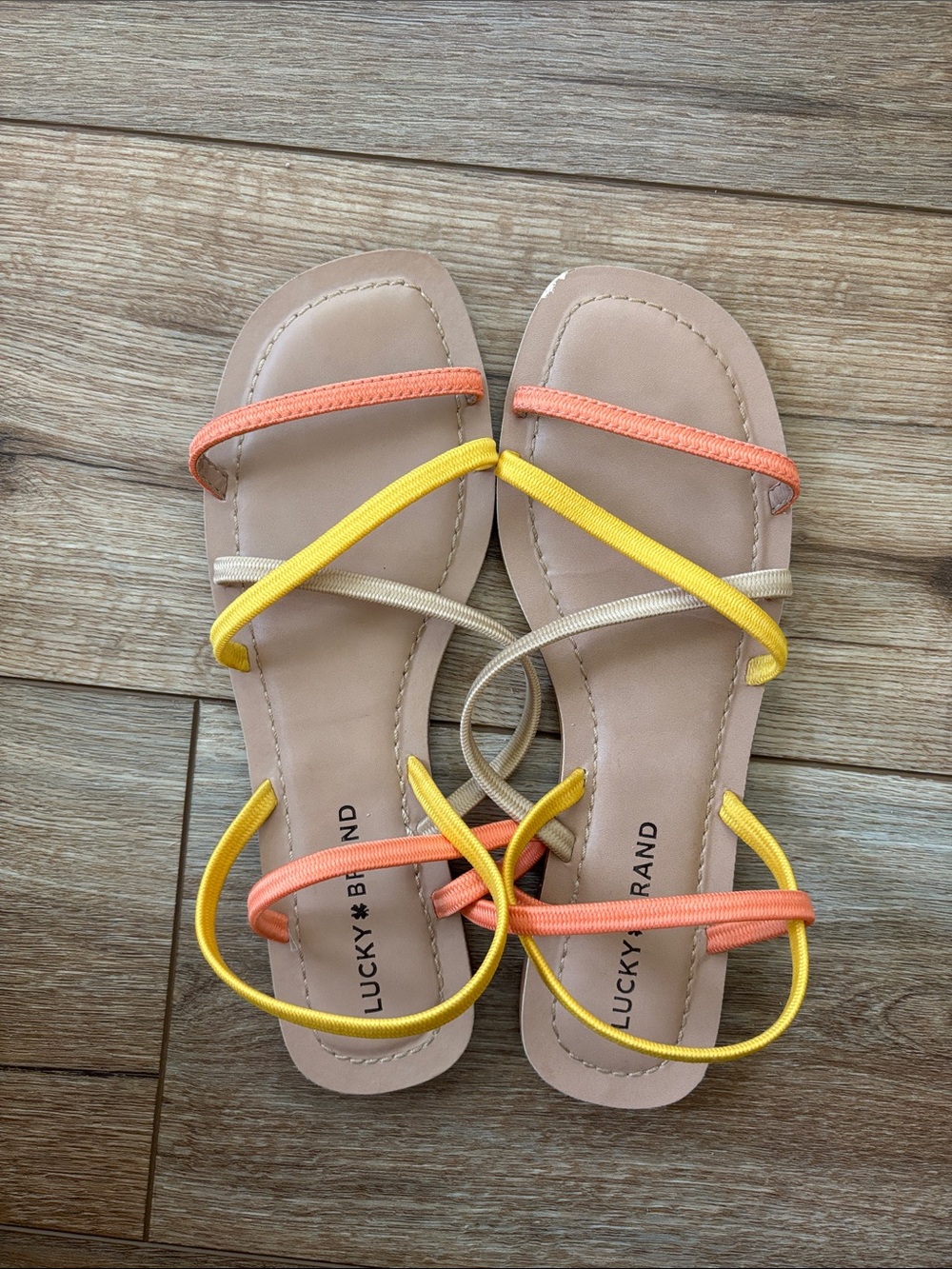 Lucky Brand Tan Sandals with Yellow and Orange Straps